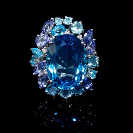 Diamond, Blue Sapphire, Tanzanite and Blue Topaz 18k White Gold Ring