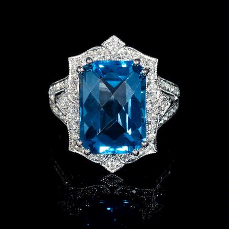 Diamond and Blue Topaz Antique Style 18k White Gold Ring
