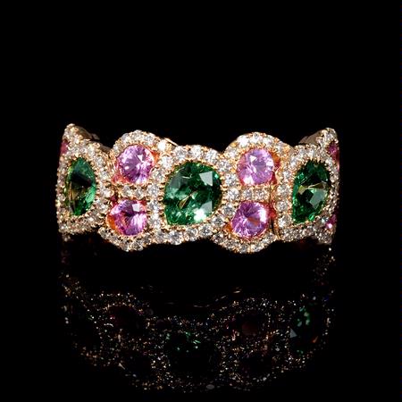 Diamond, Pink Sapphires and Tsavorite 18k Rose Gold Ring