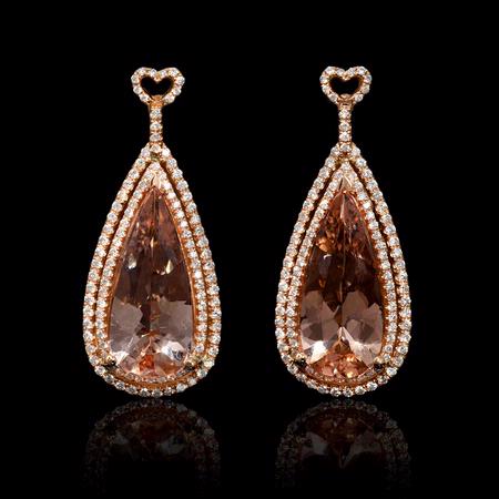 Diamond and Morganite 18k Rose Gold Pear Shape Dangle Earrings