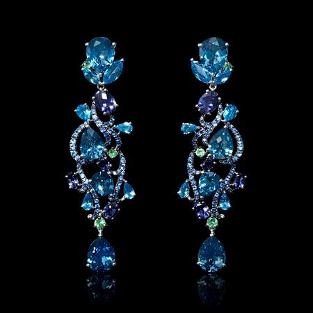 Blue Topaz, Iolite, Green Garnet and Blue Sapphire 18k White Gold Dangle Earrings