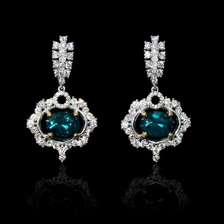 2.01ct Diamond and Chatham Emerald 18k Two Tone Gold Dangle Earrings