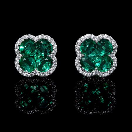 .26ct Diamond and Emerald 18k White Gold Cluster Flower Earrings