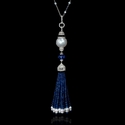 Diamond Blue Sapphire Tanzanite South Sea and Cultured Pearl White Topaz and Black Onyx 18k White Gold Tassel Pendant Necklace