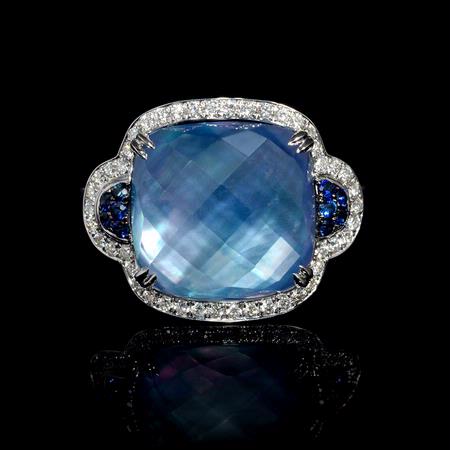 Diamond, Sapphire, White Topaz and Mother of Pearl Lapis Lazuli 18k White Gold Ring