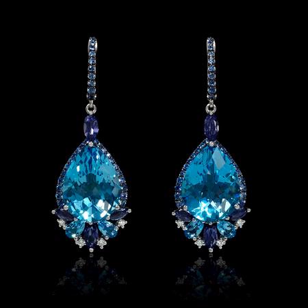 1.50ct Sapphire, Blue Topaz and Iolite 18k White Gold Dangle Earrings.