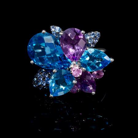 12.06ct Blue Topaz Amethyst and Sapphire 18k White Gold Ring