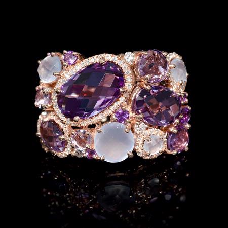 Diamond Purple and Pink Amethyst and Chalcedony 14k Rose Gold Ring
