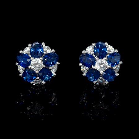 .53ct Diamond and Blue Sapphire 18k White Gold Cluster Flower Earrings