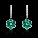 Diamond and Emerald Antique Style 18k White Gold Cluster Floral Earrings