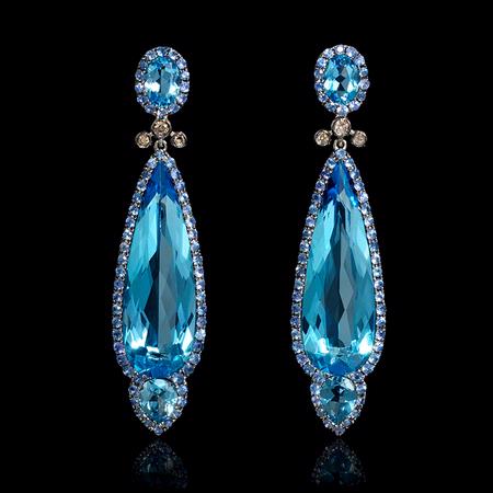 0.14ct Diamond Blue Sapphire and Blue Topaz 18k White Gold Dangle Earrings