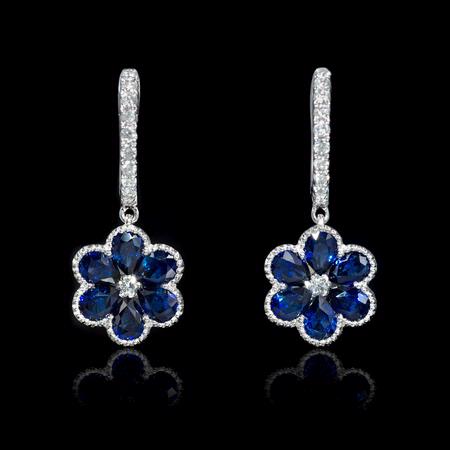 Diamond and Blue Sapphire 18k White Gold Dangle Earrings 
