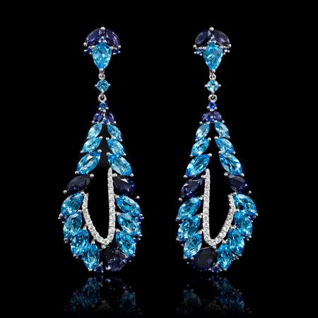 .49ct Diamond Blue Sapphire, Blue Topaz and Iolite 18k White Gold Dangle Earrings.