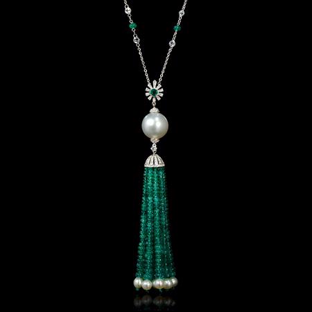 Diamond Sapphire South Sea Pearl and Emerald 18k White Gold Pendant Necklace 