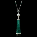 Diamond Sapphire South Sea Pearl and Emerald 18k White Gold Pendant Necklace