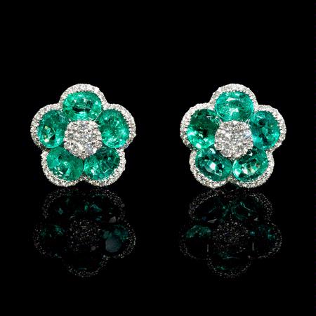 .37ct Diamond and Emerald 18k White Gold Cluster Earrings
