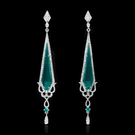 Diamond Agate and Emerald 18k White Gold Dangle Earrings