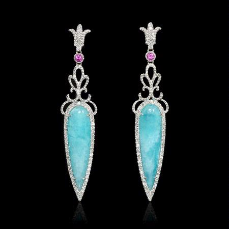 .39ct Diamond Pink Sapphire and Amazonite 18k White Gold Dangle Earrings
