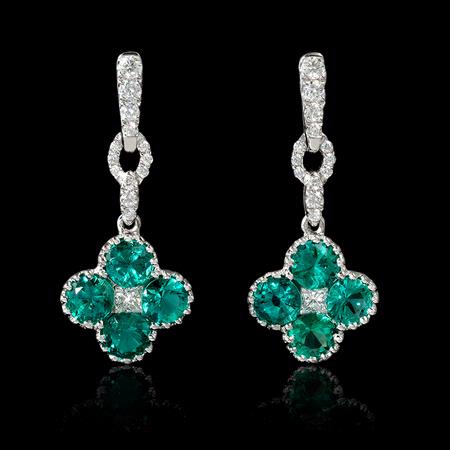 Diamond Emerald 18k White Gold Dangle Earrings 