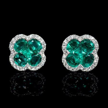 .43ct Diamond and Emerald 18k White Gold Cluster Earrings