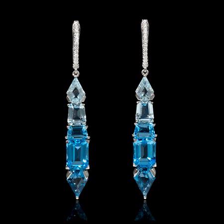Diamond Aquamarine and Blue Topaz 18k White Gold Dangle Earrings  