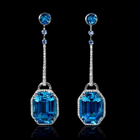Diamond Blue Topaz and Blue Sapphire 18k White Gold Dangle Earrings