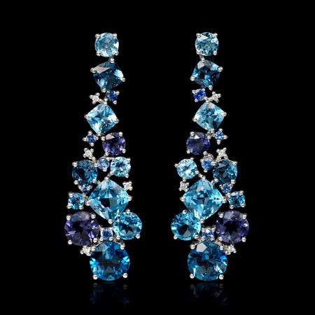 .25ct Diamond Blue Sapphire, Blue Topaz and Iolite 18k White Gold Dangle Earrings.