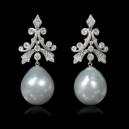 Diamond and South Sea Pearls 18k White Gold Dangle Earrings