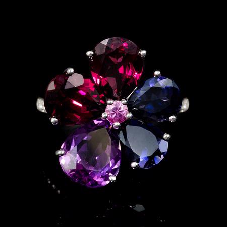 Diamond Iolite Amethyst and Pink Sapphire 18k White Gold Ring