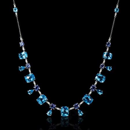 Diamond Blue Topaz and Tanzanite 18k White Gold Necklace