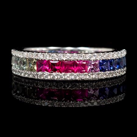 Diamond and Multi-Colored Sapphire 18k White Gold Ring 