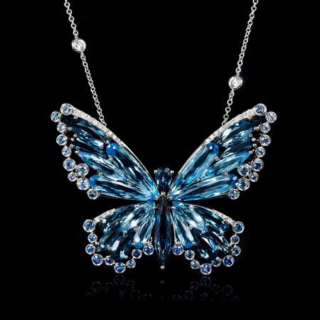 Diamond Blue Sapphire and Blue Topaz 18k White Gold Butterfly Pendant