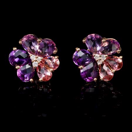 .09ct Diamond Pink Tourmaline and Purple Amethyst 18k Rose Gold Cluster Earrings