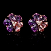 Diamond and Pink Tourmaline and Purple Amethyst 18k Rose Gold Cluster Earrings 